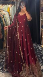 Maroon Color Fendi Silk Fabric Sequence Work Gown