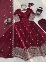 Maroon Color Fendi Silk Fabric Sequence Work Gown
