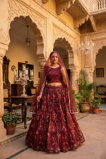 Maroon Color Organza Fabric Floral Print Work Lehenga