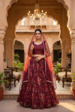 Maroon Color Organza Fabric Floral Print Work Lehenga