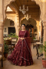 Maroon Color Organza Fabric Floral Print Work Lehenga