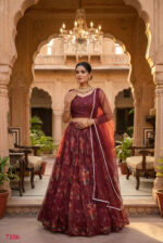 Maroon Color Organza Fabric Floral Print Work Lehenga