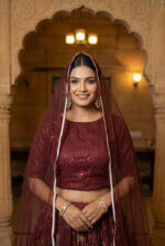 Maroon Color Organza Fabric Floral Print Work Lehenga