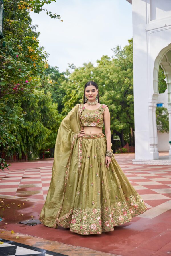 Mehandi Color Gold Crush Fabric Sequence Work Lehenga