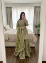Mehandi Color Jimmy Choo Fabric Pearl Work Sharara Set