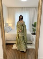 Mehandi Color Jimmy Choo Fabric Pearl Work Sharara Set