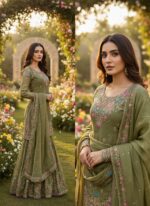 Mehandi Color Jimmy Choo Fabric Pearl Work Sharara Set
