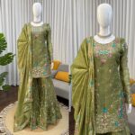 Mehandi Color Jimmy Choo Fabric Pearl Work Sharara Set