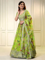 Neon Color Organza Fabric Digital Print Work Lehenga