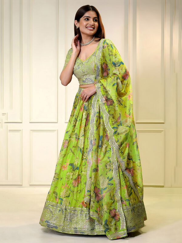 Neon Color Organza Fabric Digital Print Work Lehenga