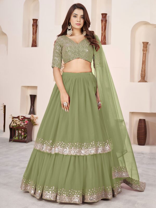 Olive Color Georgette Fabric Jari With Sequence Work Lehenga
