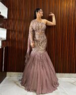 Onion Color Georgette Fabric Sequence Work Fish Cut Style Indo Western