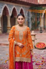 Orange Color Chinon Silk Fabric Sequence Work Sharara Set