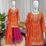 Orange Color Chinon Silk Fabric Sequence Work Sharara Set