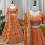 Orange Color Faux Georgette Fabric Sequence Work Lehenga
