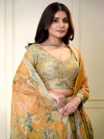 Orange Color Organza Fabric Digital Print Work Lehenga