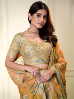 Orange Color Organza Fabric Digital Print Work Lehenga