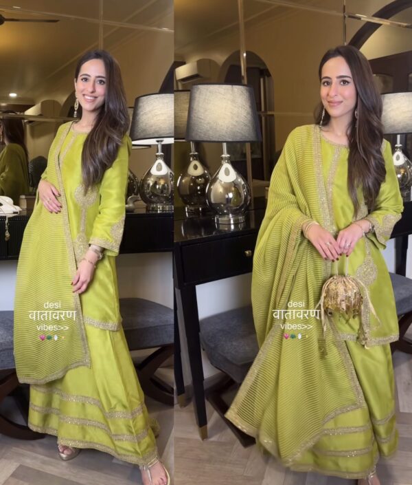 Parrot Color Chinon Silk Fabric Sequence Work Palazzo Set