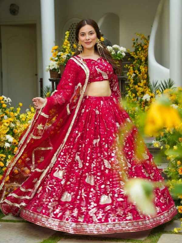 Peacock Design Red Color Faux Georgette Fabric Sequence Work Lehenga