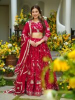Peacock Design Red Color Faux Georgette Fabric Sequence Work Lehenga