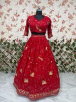 Peacock Design Red Color Faux Georgette Fabric Sequence Work Lehenga