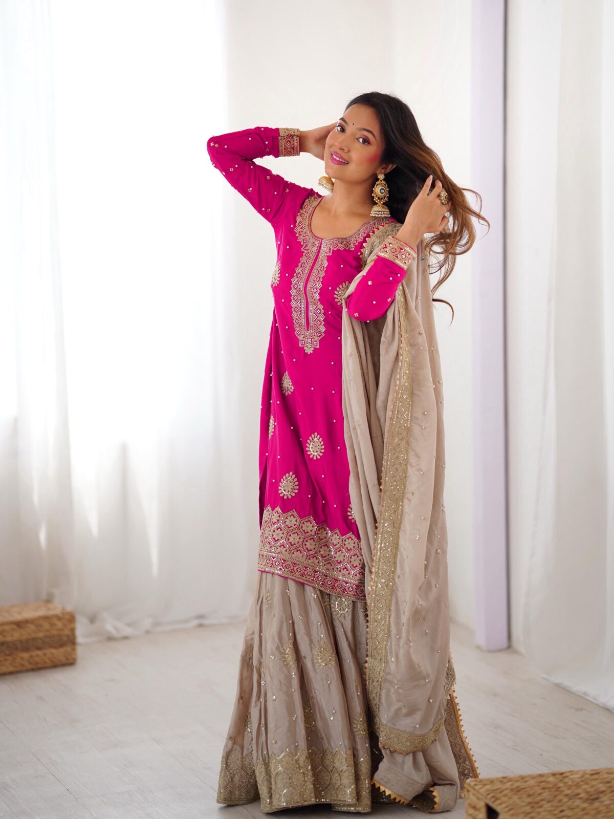 Pink Color Chinon Silk Fabric Pearl Work Sharara Suit