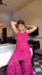 Pink Color Faux Georgette Digital Print With Real Mirror Work Sharara Set