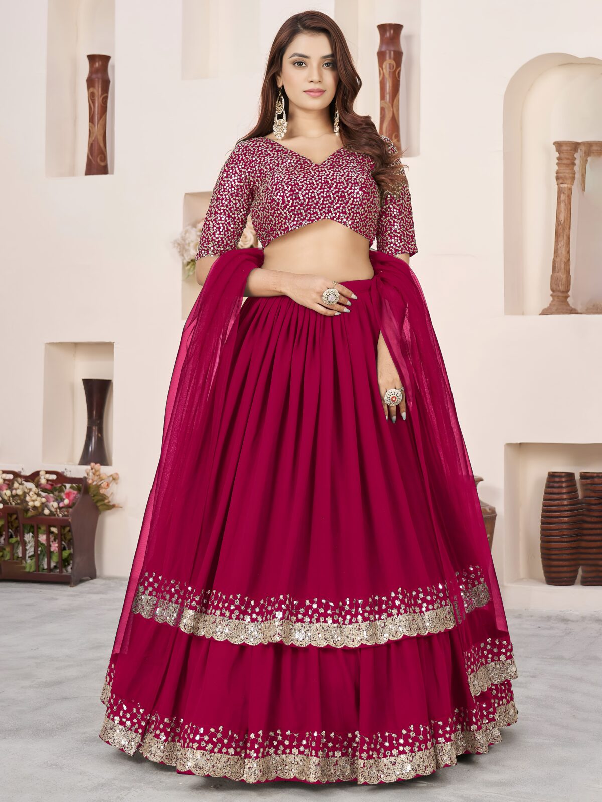 Pink Color Georgette Fabric Jari With Sequence Work Lehenga