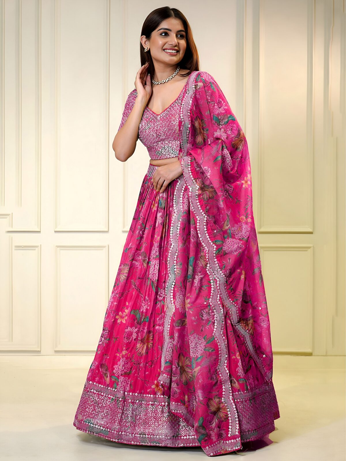 Pink Color Organza Fabric Digital Print Work Lehenga