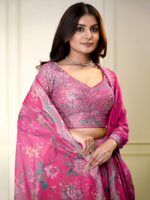 Pink Color Organza Fabric Digital Print Work Lehenga