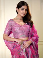 Pink Color Organza Fabric Digital Print Work Lehenga