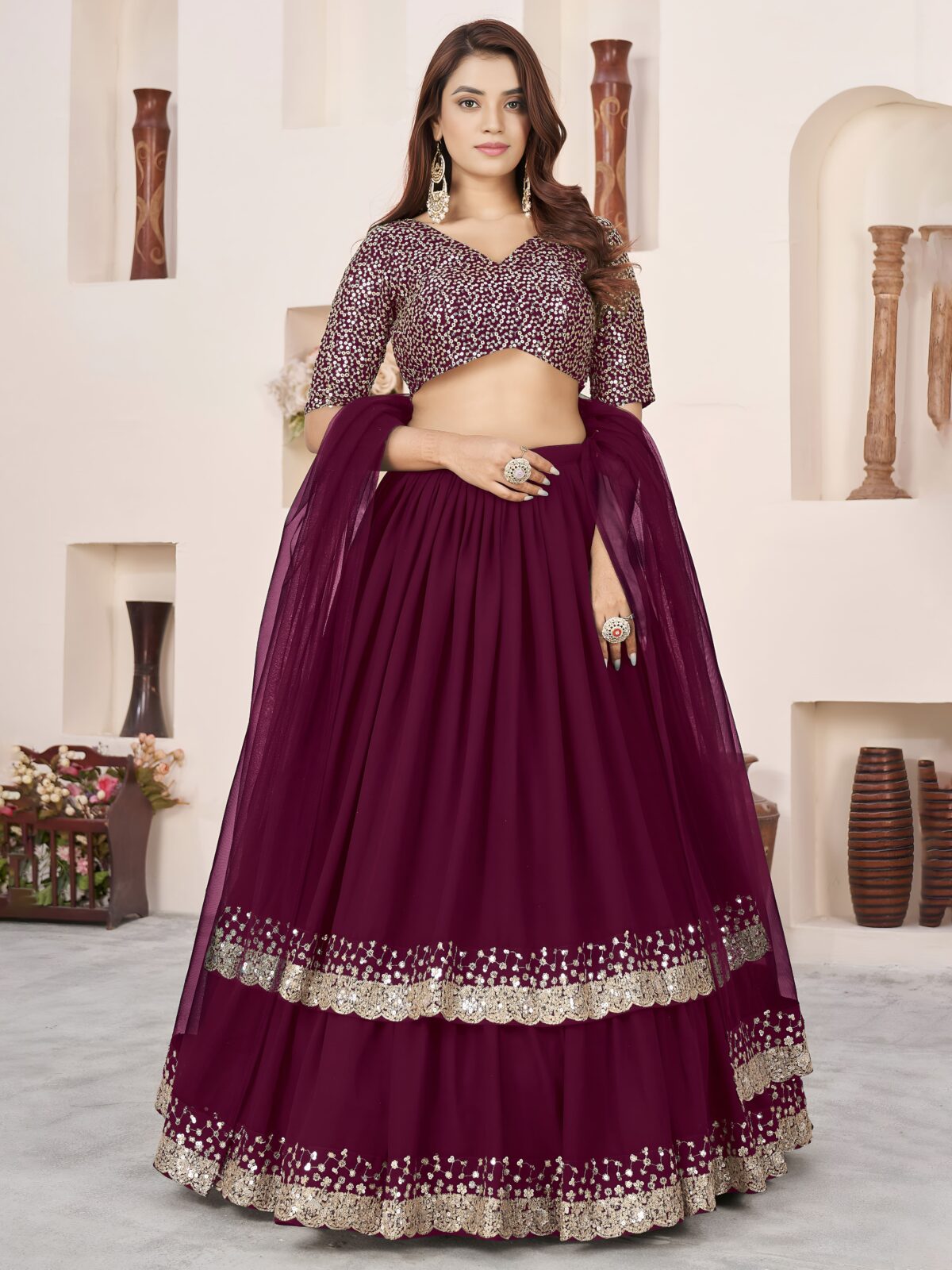 Purple Color Georgette Fabric Jari With Sequence Work Lehenga