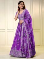 Purple Color Organza Fabric Digital Print Work Lehenga