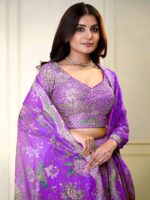 Purple Color Organza Fabric Digital Print Work Lehenga