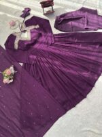 Purple Color Vichitra Silk Fabric Thread Work Suit