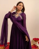 Purple Color Vichitra Silk Fabric Thread Work Suit