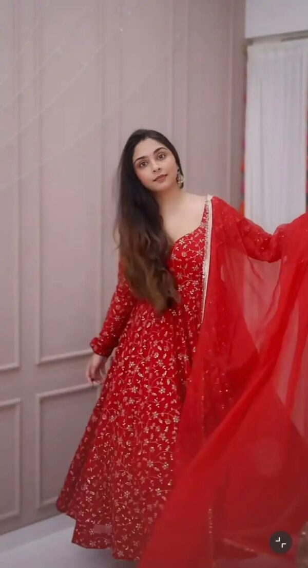 Red Color Faux Georgette Fabric Jari With Sequence Work Suit