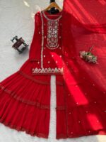 Red Color Faux Georgette Fabric Sequence With Thread Work Sharara Set
