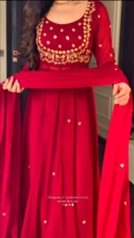 Red Color Faux Georgette Fabric Sequence Work Suit