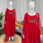 Red Color Faux Georgette Fabric Sequence Work Suit
