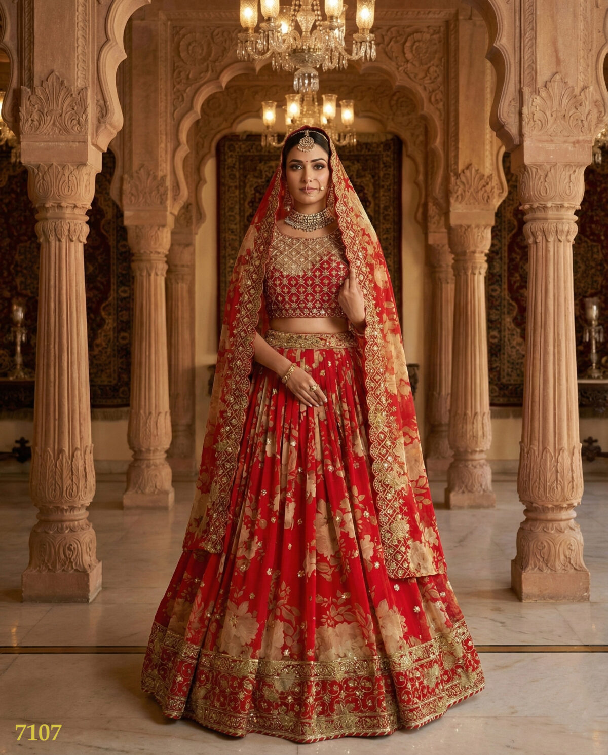 Red Color Georgette Fabric Floral Print Work Lehenga