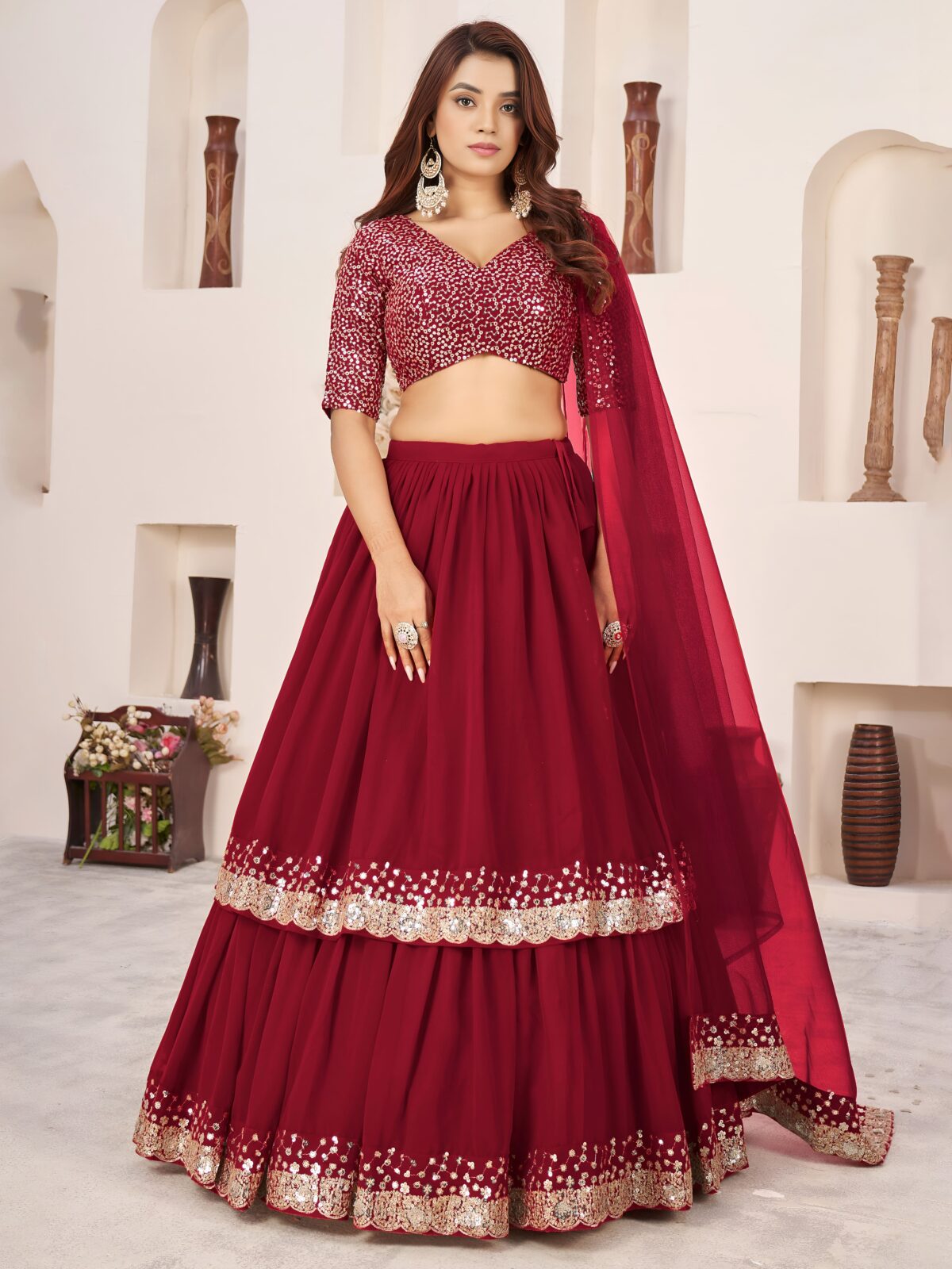 Red Color Georgette Fabric Jari With Sequence Work Lehenga