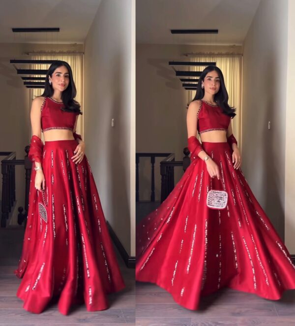 Red Color Malai Satin Silk Fabric Thread With Real Mirror Work Lehenga