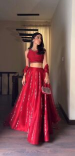 Red Color Malai Satin Silk Fabric Thread With Real Mirror Work Lehenga