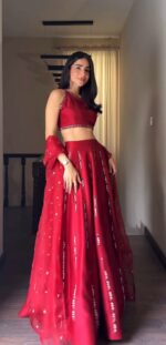 Red Color Malai Satin Silk Fabric Thread With Real Mirror Work Lehenga