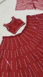 Red Color Malai Satin Silk Fabric Thread With Real Mirror Work Lehenga