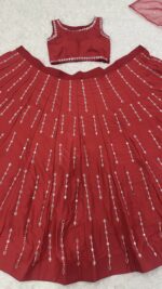 Red Color Malai Satin Silk Fabric Thread With Real Mirror Work Lehenga