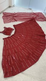 Red Color Malai Satin Silk Fabric Thread With Real Mirror Work Lehenga