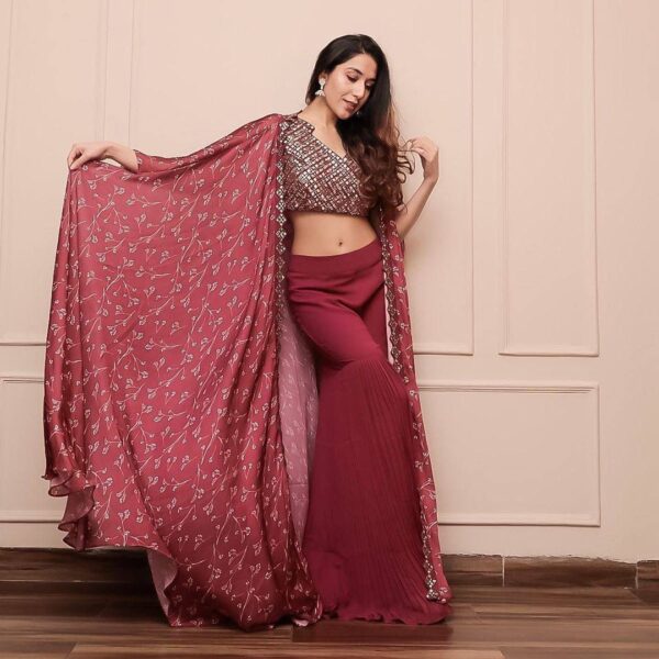Reddish Color Japan Satin Silk Fabric Digital Print Work Sharara Set