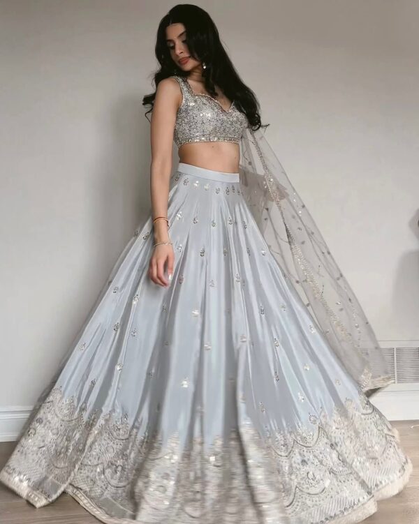 Silver Color Japan Satin Fabric Sequence Work Lehenga